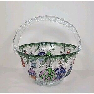 Crystal Crackle Glass Christmas Basket Bowl Fifth Avenue Hand Painted Romania